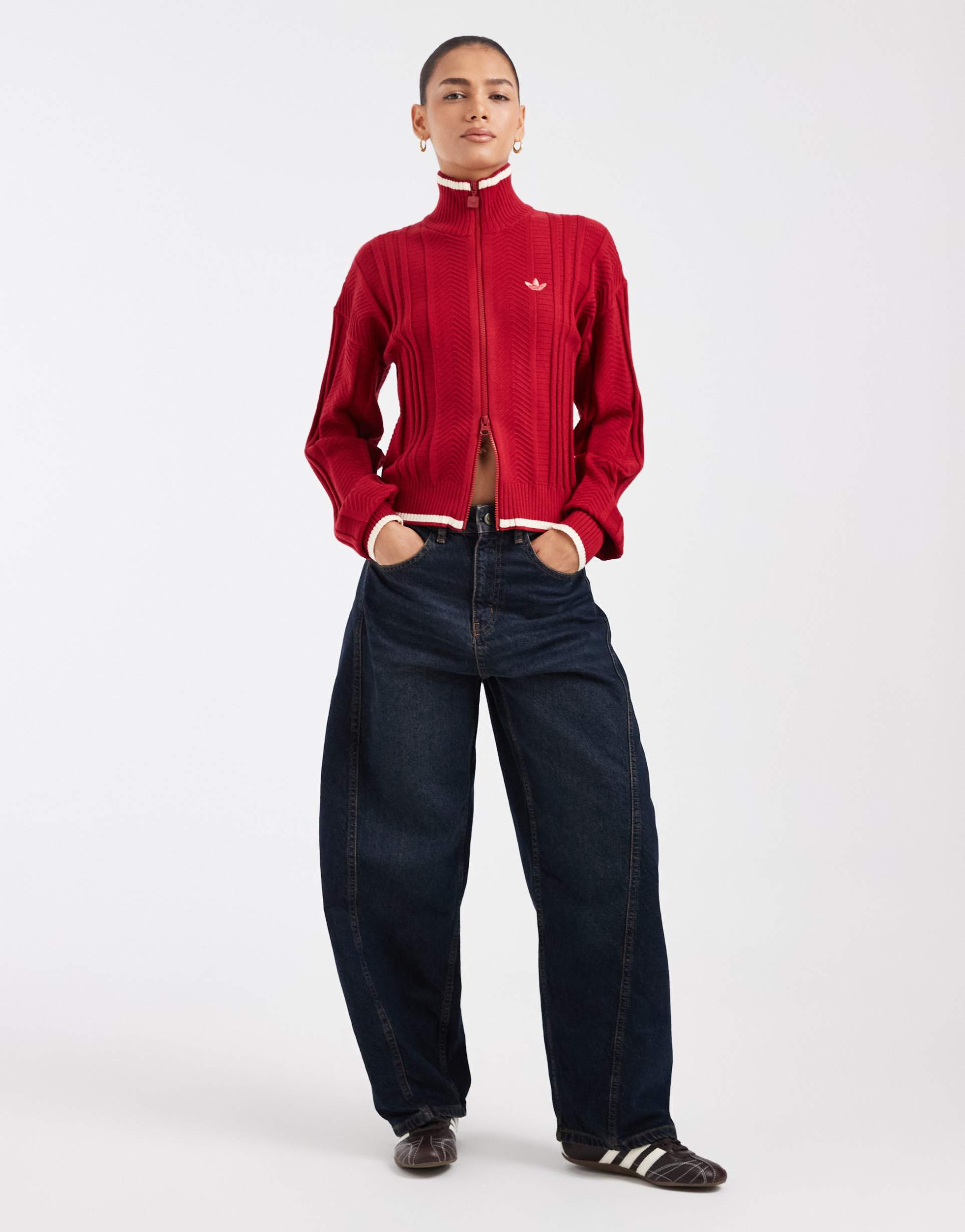 adidas originals cable knit polo sweatshirt in red