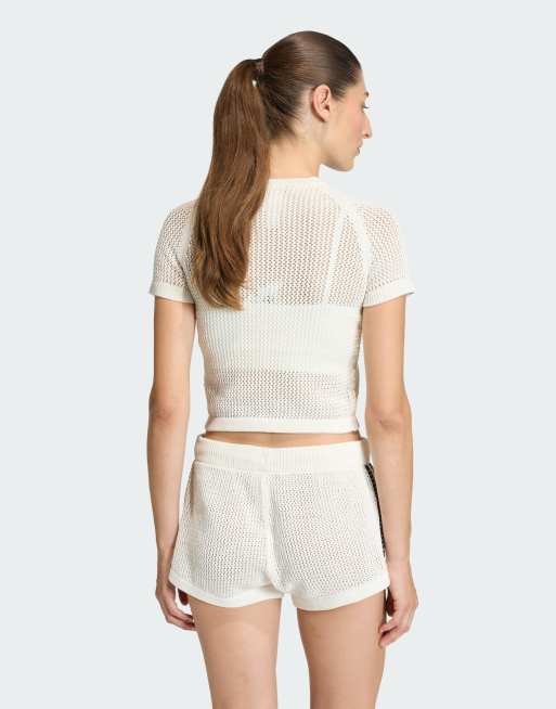 adidas Originals – Cali – T-Shirt aus Häkelstrick in Wollweiß, 2 von 4