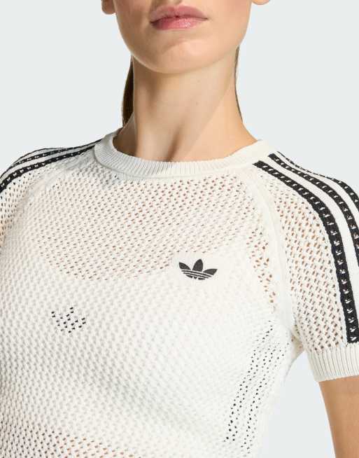 adidas Originals – Cali – T-Shirt aus Häkelstrick in Wollweiß, 3 von 4