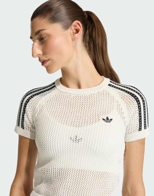 adidas Originals – Cali – T-Shirt aus Häkelstrick in Wollweiß, 4 von 4