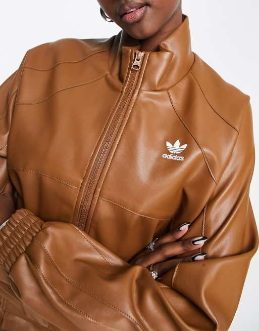 adidas Originals 'centre stage' faux leather jacket in brown | ASOS