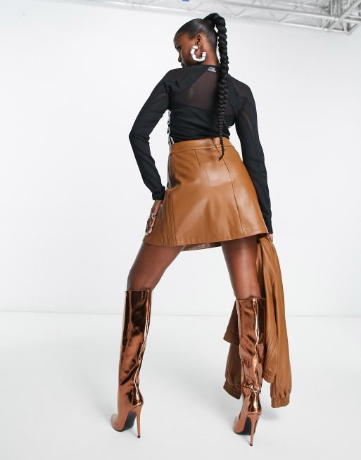 adidas Originals centre stage faux leather skirt in brown ASOS