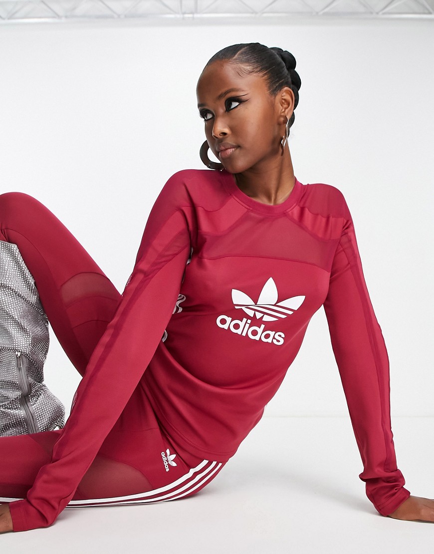adidas Originals 'centre stage' mesh asymmetric top in maroon-Red