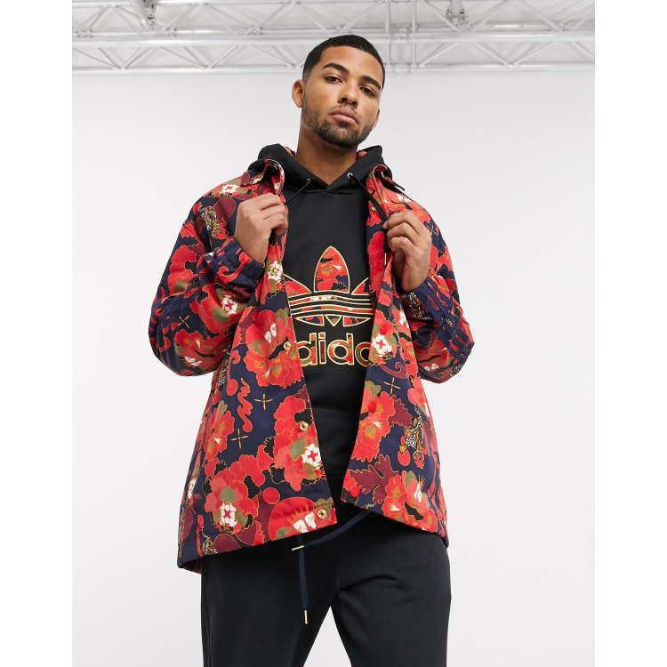 adidas Originals chinese new year coach jacket with all over print and gold trefoil