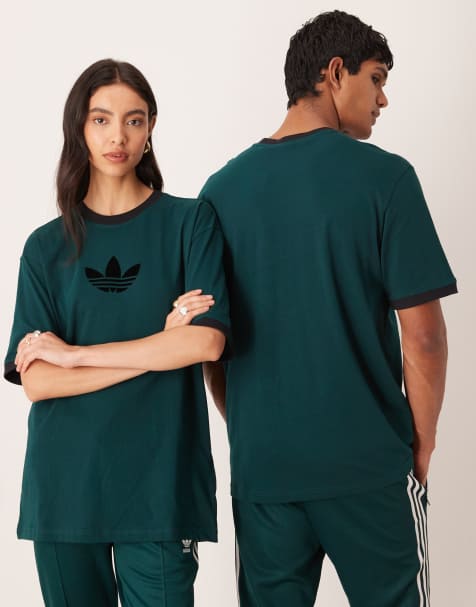 adidas Originals – Ciemnozielony T-shirt oversize z logo Trefoil na środku - view 1