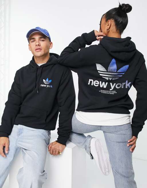 adidas Originals City Trefoil New York hoodie in black with back print