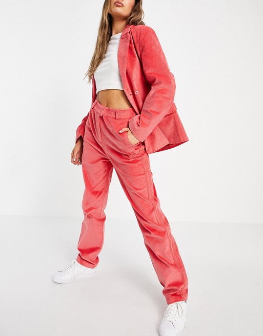 adidas Originals 'Comfy Cords' corduroy high waisted wide leg suit trousers in pink