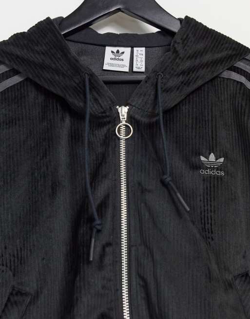 adidas Originals Comfy Cords velvet corduroy oversized zip up hoodie in black