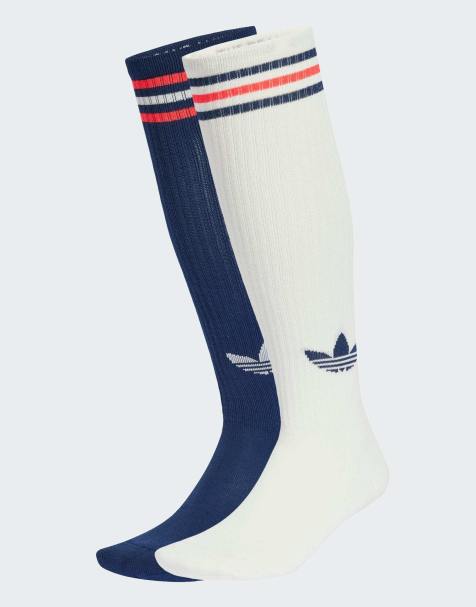 adidas Originals - Confezione da 2 paia di calzini al ginocchio bianco sporco / blu notte indaco con 3 strisce - view 1
