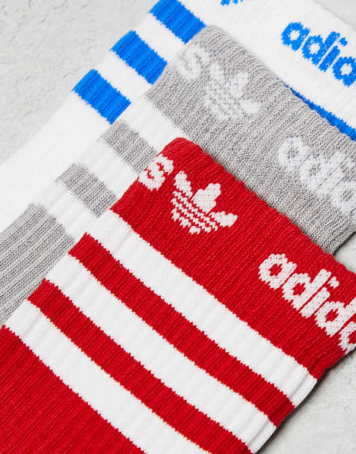 adidas Originals Confezione da 3 paia di calze alte rosse bianche e grigie con scritta