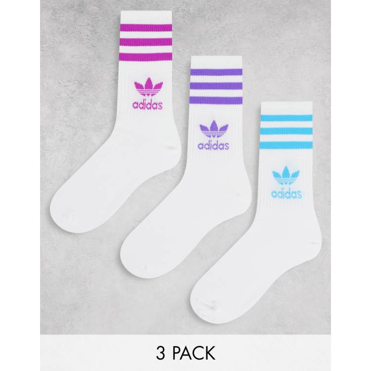 adidas Originals Confezione da 3 paia di calzini a taglio medio bianchi con tre strisce colorate