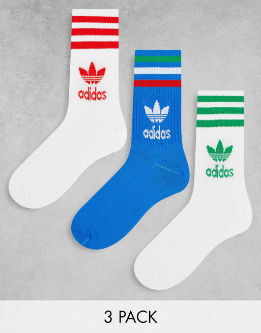 adidas Originals Confezione da 3 paia di calzini medi bianchi e blu con 3 strisce multicolore