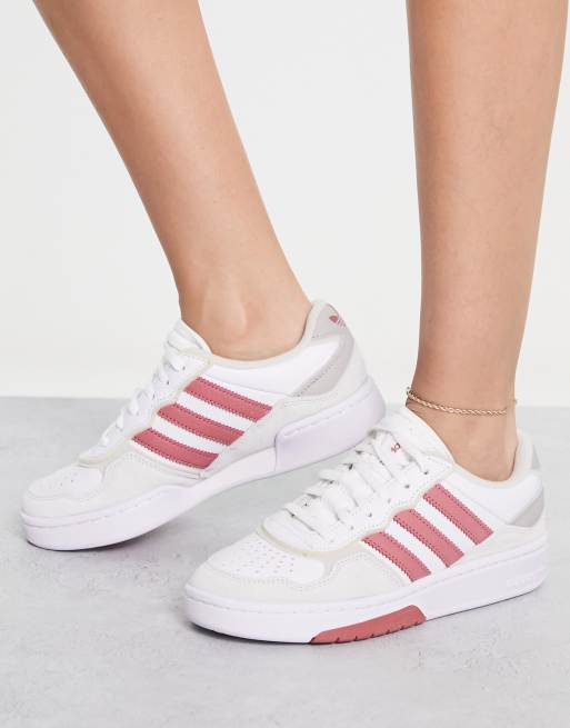 White adidas hot sale with burgundy stripes