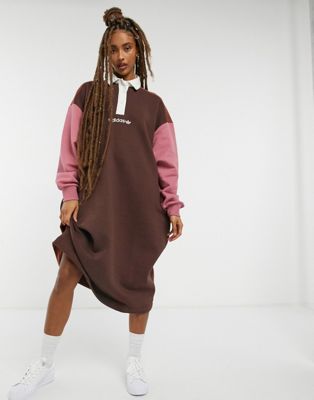 adidas Originals 'Cozy Comfort' fleece oversized polo dress in colorblock-Brown