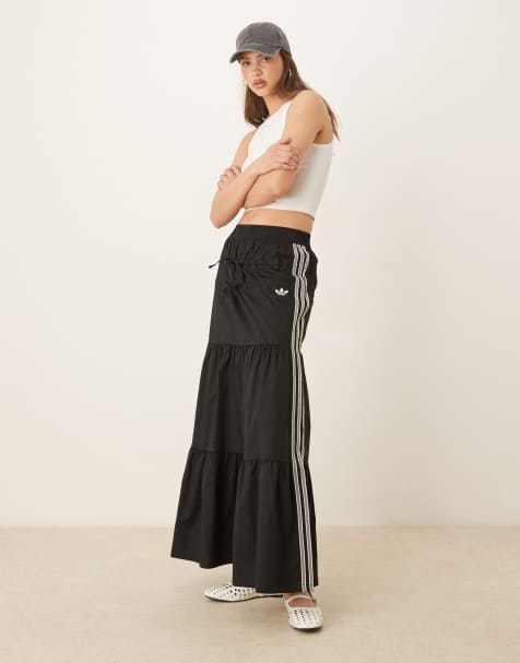 adidas Originals crochet 3 stripe maxi skirt in black