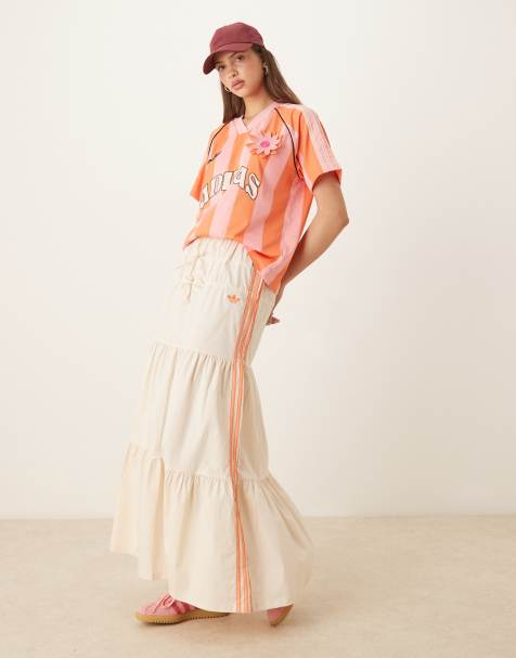 adidas Originals crochet 3 stripe maxi skirt in off white