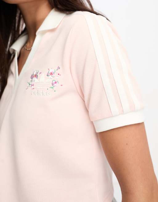 adidas Originals crop polo t shirt in pastel pink with floral logo