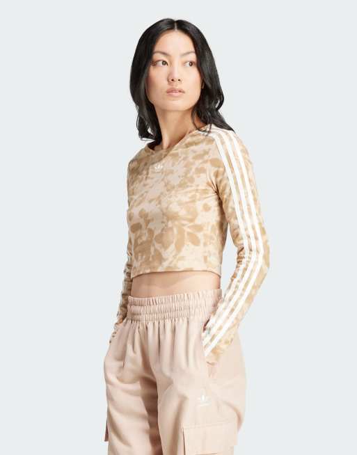 adidas Originals - Crop top à manches longues avec logo 3 bandes - Beige