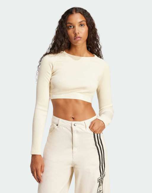 adidas Originals - Crop top a maniche lunghe bianco crema a coste