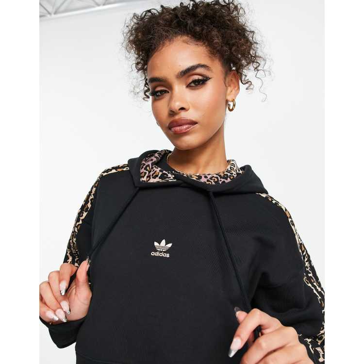 Afm Communistisch hebben zich vergist adidas Originals - Cropped hoodie met capuchon en luipaardprint strepen in  zwart | ASOS