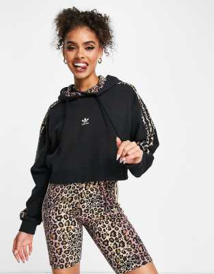 トップス LEOPARD OG LABEL CROPPED HOODIE BLACK Adidas Black Cropped Hoodie with Leopard Print Stripes