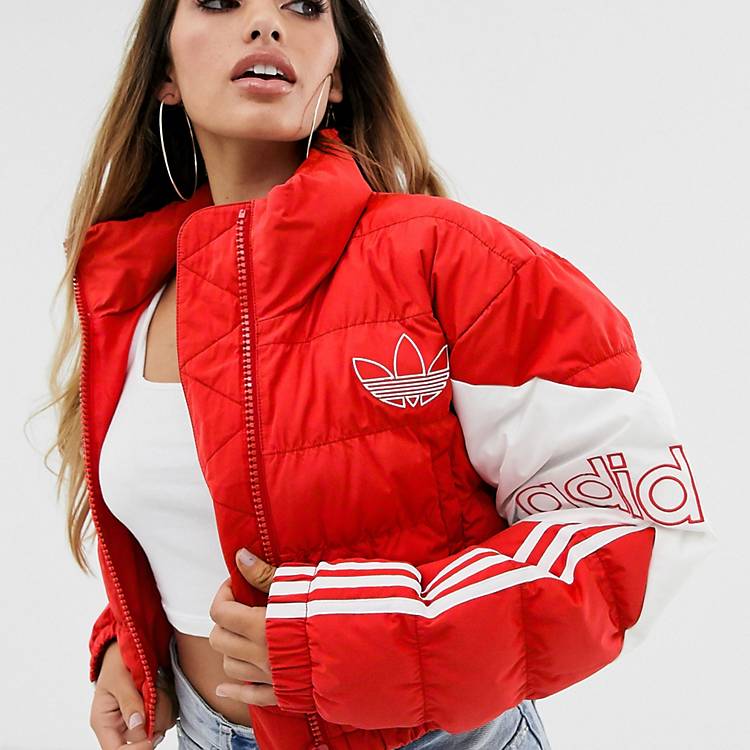 cash register sponge exception adidas Originals cropped puffer jacket in red | ASOS