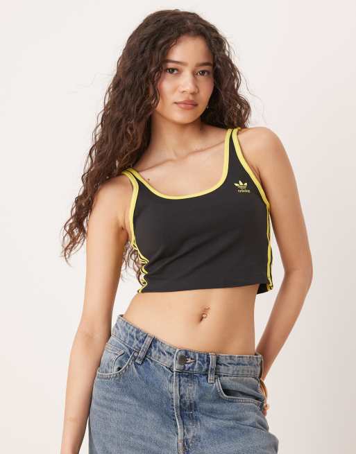adidas Originals – Cropped Trägertop in Schwarz und Gelb mit den drei Streifen