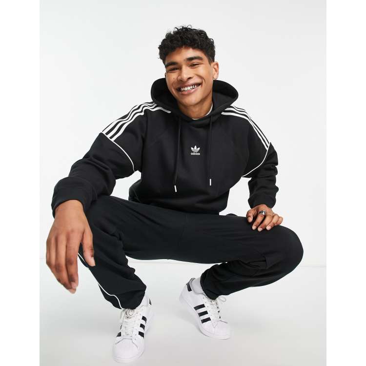 Adidas black discount hoodie 3 stripe