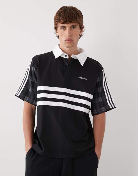adidas Originals – Czarna klasyczna koszulka polo w stylu rugby z rękawami w szkocką kratę - view 1