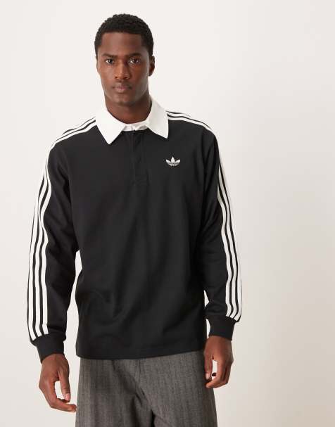 adidas Originals three stripe long sleeve polo in black