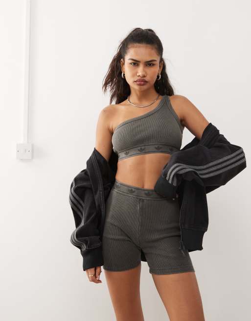 adidas Originals – Czarny asymetryczny biustonosz prążkowany z efektem sprania