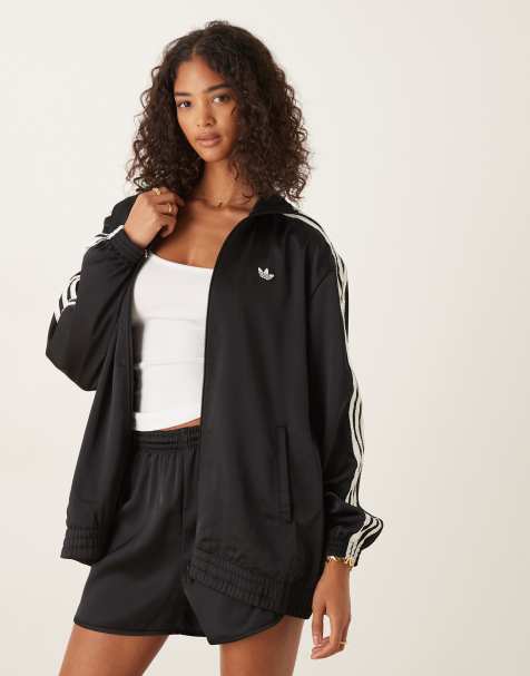 adidas Originals satin track top in black with ruffle 3 stripe