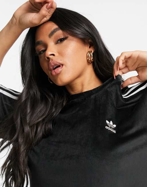 adidas Originals – Czarny sztruksowy T-shirt z trzema paskami