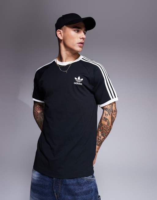 adidas Originals – Czarny T-shirt z kontrastowym wykończeniem i 3 paskami