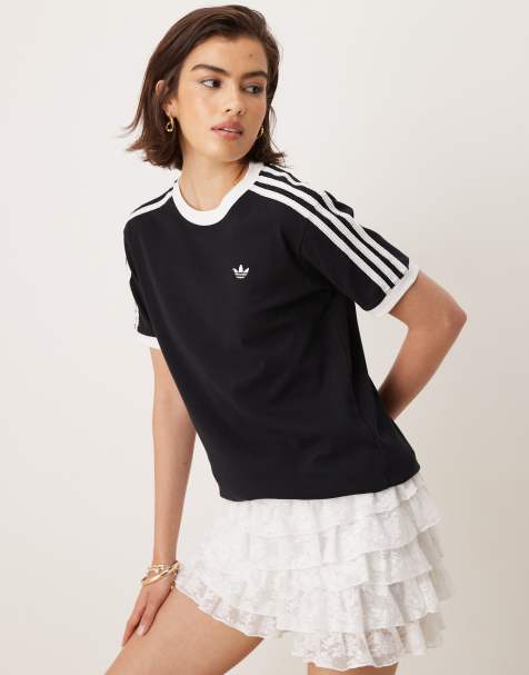 adidas Originals – Czarny T-shirt z lamówkami i falbankami z 3 paskami - view 1