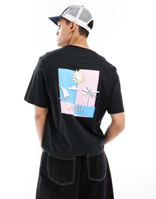 adidas Originals – Czarny T-shirt z nadrukiem z motywem plaży na plecach