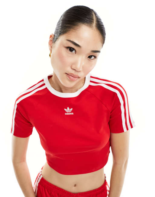adidas Originals – Czerwony krótki i obcisły T-shirt z trzema paskami