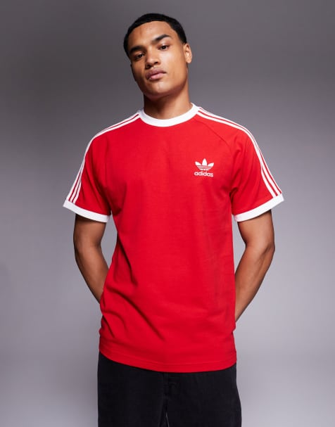 adidas Originals – Czerwony T-shirt z kontrastową lamówką i 3 paskami - view 1