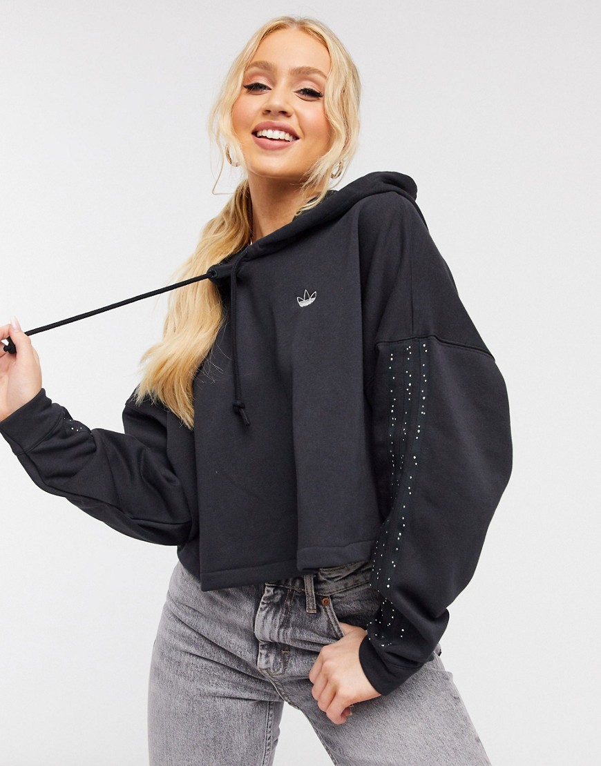 Adidas Originals diamante three stripe cropped hoodie in black