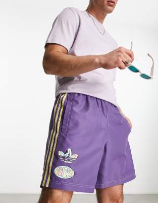 adidas Originals Enjoy Summer graphic shorts in purple