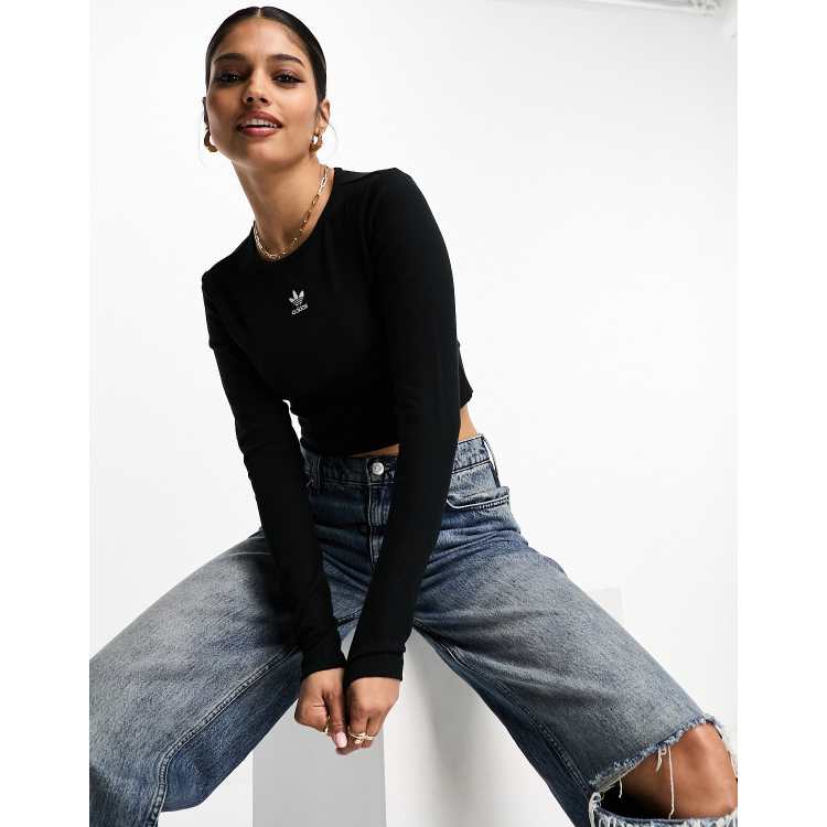 adidas Originals essential rib long sleeve crop top in black