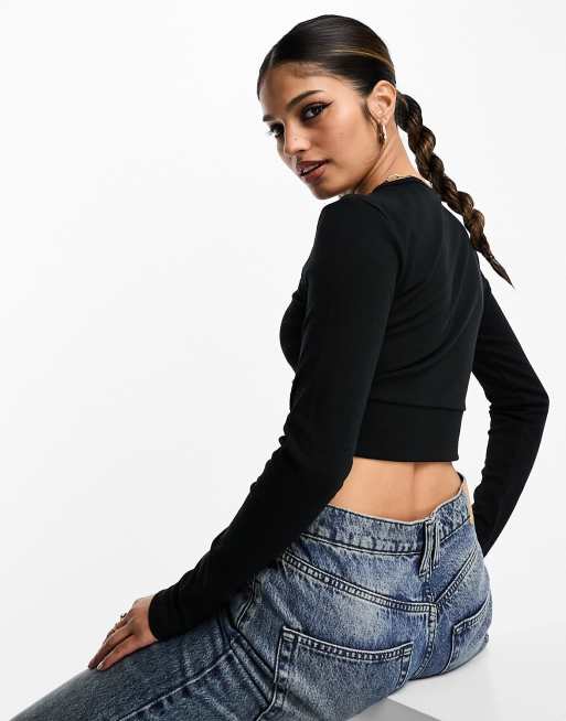 adidas Originals essential rib long sleeve crop top in black