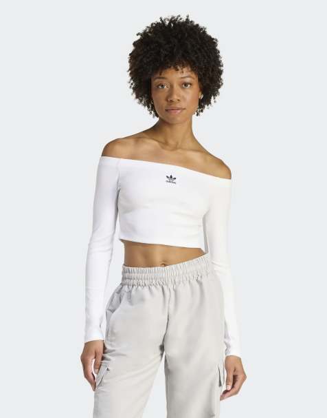adidas Originals – Essentials – Biały prążkowany T-shirt z długimi rękawami i odsłoniętymi ramionami - view 1