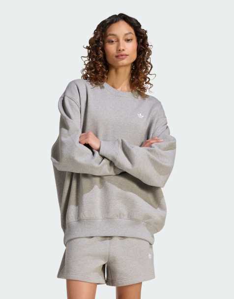 adidas Originals Essentials crew long fleece os sweatshirt in medium grey heather - view 1