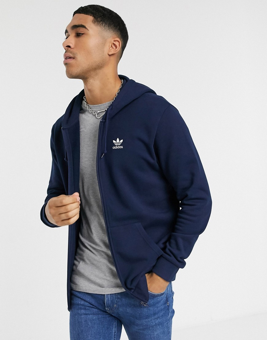 Adidas Originals Essentials - Felpa con cappuccio, zip e logo piccolo blu navy