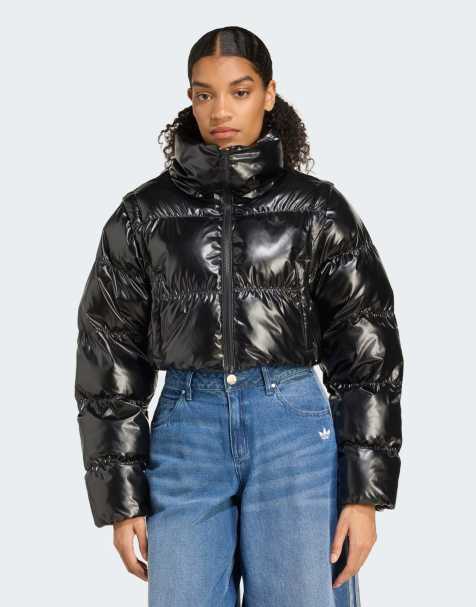 adidas Originals Essentials glossy 2-in-1 cropped puffer in black - view 1