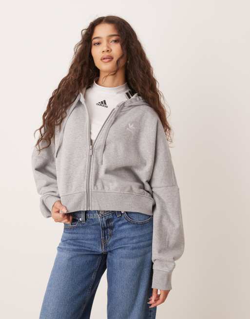 adidas Originals - Essentials - Gråmeleret kort hættetrøje med gennemgående lynlås og frotté-for