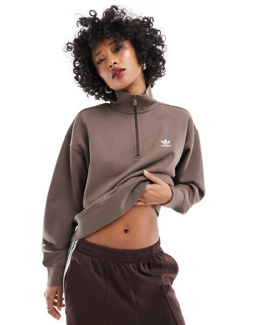 adidas Originals essentials half zip sweatshirt in brown | ASOS