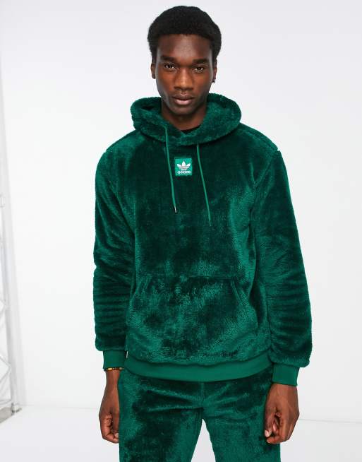 adidas originals Essentials polyester fluffy hoodie in dark green