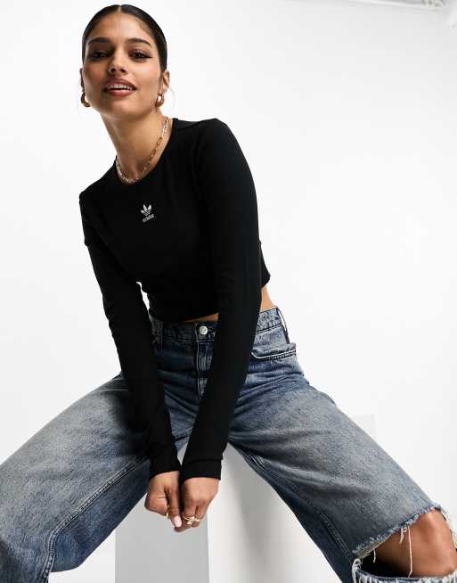 adidas Originals essentials rib long sleeve crop top in black